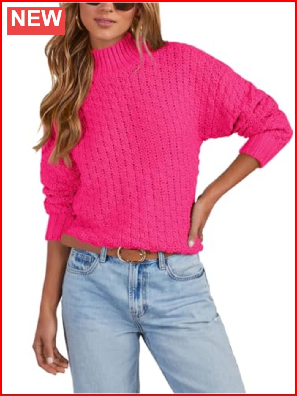 Textured Mock Neck Turtleneck Knit Sweater Long Sleeve Chunky Pullover